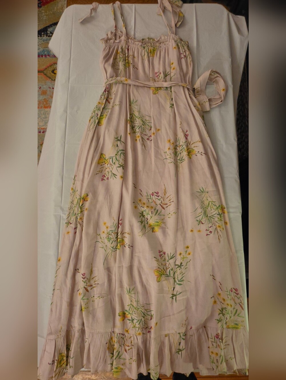 A Loves A Blush Pink Floral Tie Strap Midi Maxi Dress Size Small Cottagecore - Picture 3 of 6